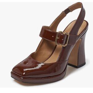 FYS Chocolate Platform Square Toe Chunky High Heel Mary Janes Slingback Pumps
